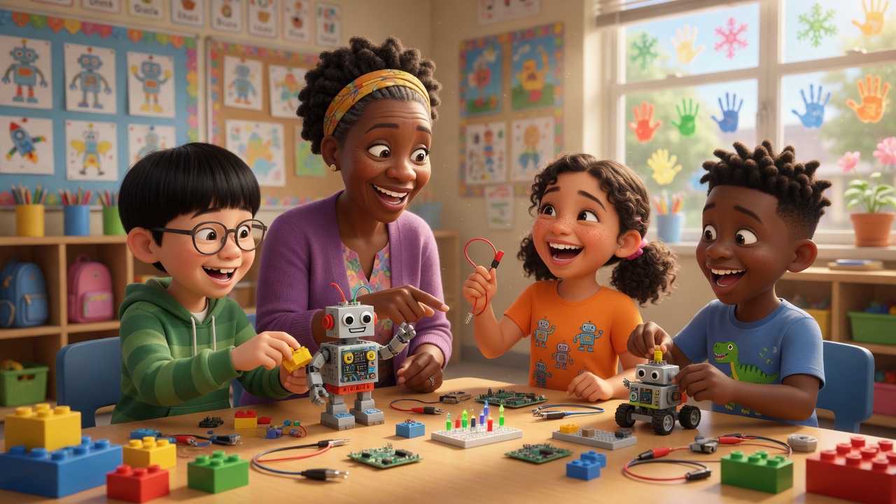A friendly teacher building a robot alongside happy kids at a table