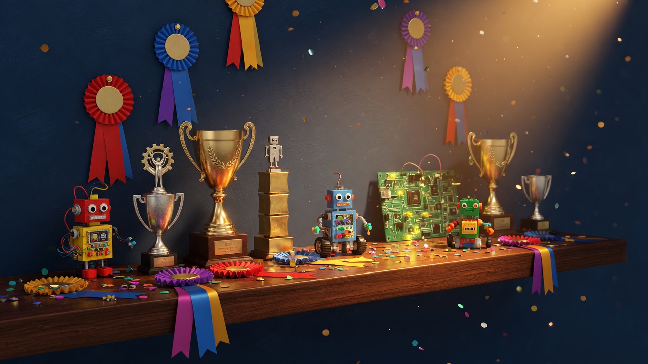 Gold and silver trophies, award ribbons, little student robots, and confetti on a deep navy wall