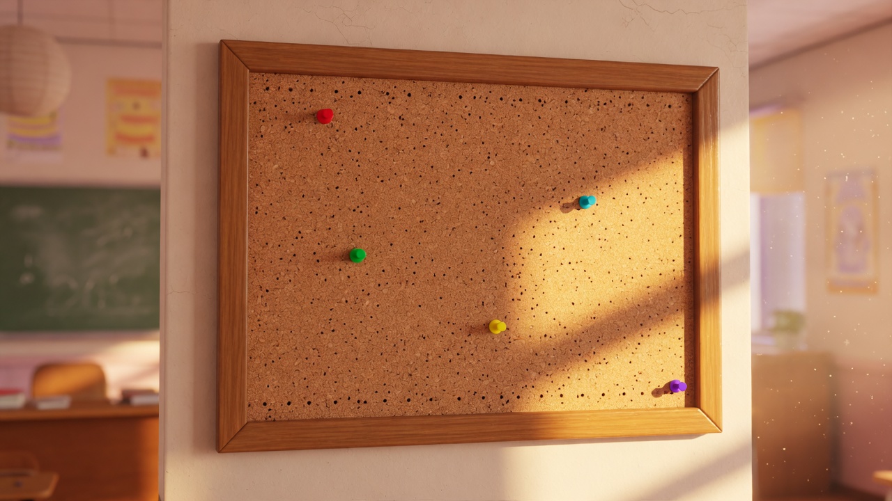 An empty cork bulletin board in a wooden frame on a classroom wall